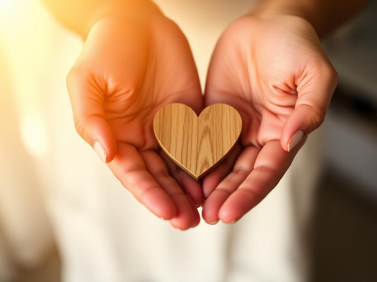 Hands cradling a wooden heart